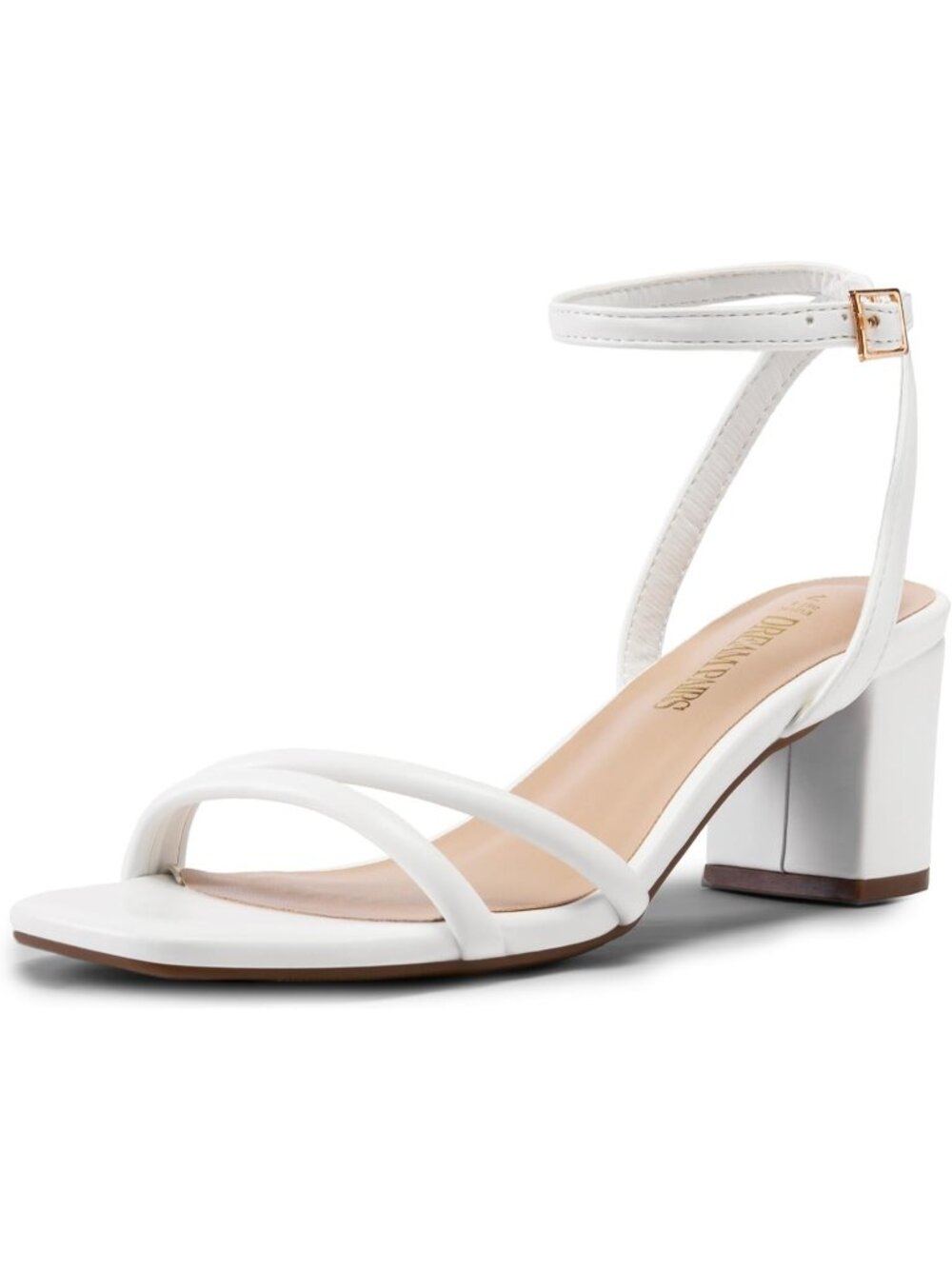 Women's White Faux Leather Square-Toe Chunky Block Ankle Buckle Heeled Sandals